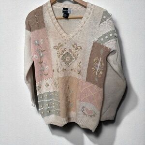 Whimsical Vintage Patchwork Knit Sweater Cottagecore Coquette Embroidered S